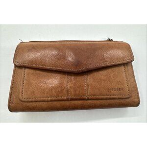Fossil Soft Leather Wallet Tan Cellphone Pocket Coin Pen Holder Checkbook Y2K